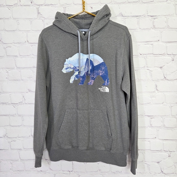 The North Face Gray Hoodie with Bear Graphic Mens - Picture 1 of 16